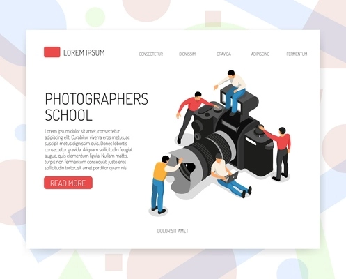 Photography education online school  isometric website page design with classes offer students and camera symbol vector illustration