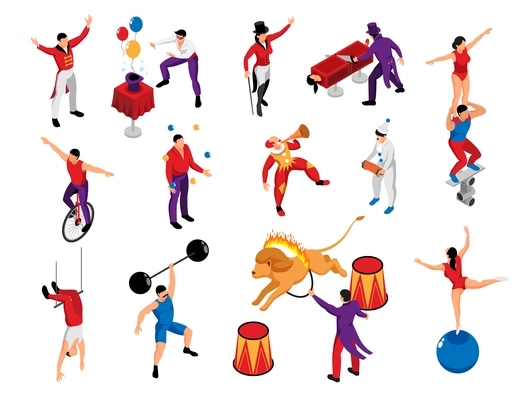 Circus performer profession isometric icons set with magician strongman clown pantomime acrobat lion tamer isolated vector illustration