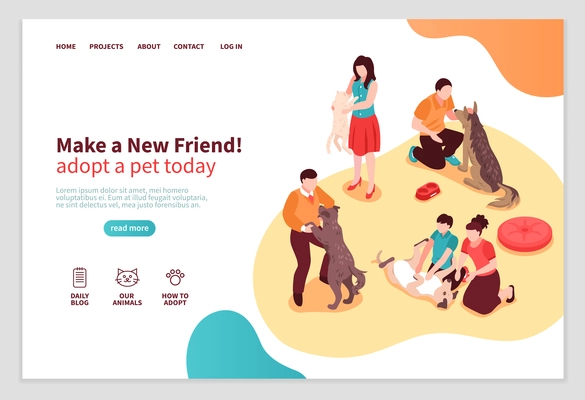 Animal shelter isometric web page with human characters during communication with dogs and cats vector illustration