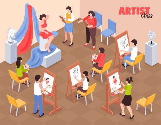 Artist class with students near easels with palettes and model in red clothing isometric vector illustration