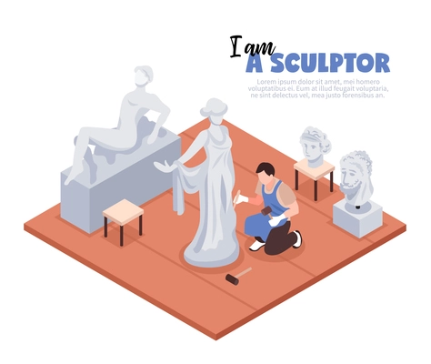 Artist sculptor with professional instruments during creative process at work space isometric vector illustration