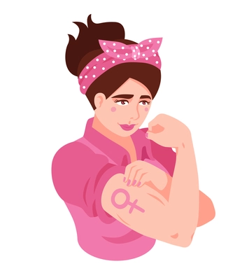 Isometric feminist in pink clothing with strength gesture and female sign tattoo isolated vector illustration