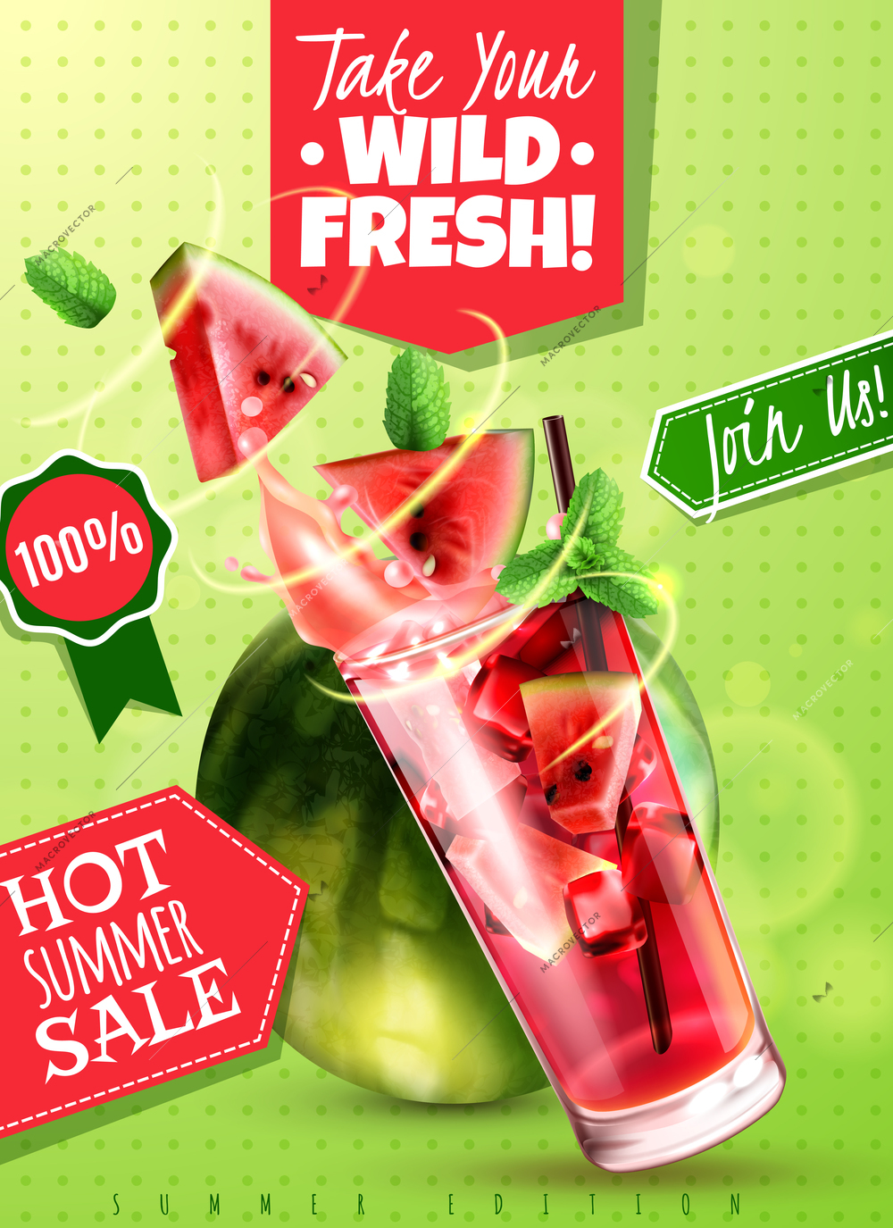 Refreshing detox water summer sale with fresh watermelon mint leaves drink glass realistic advertising poster vector illustration