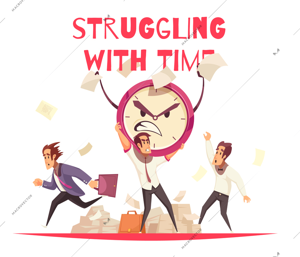 Struggling with time design concept with angry cartoon face of alarm clock and people hurrying to work vector illustration