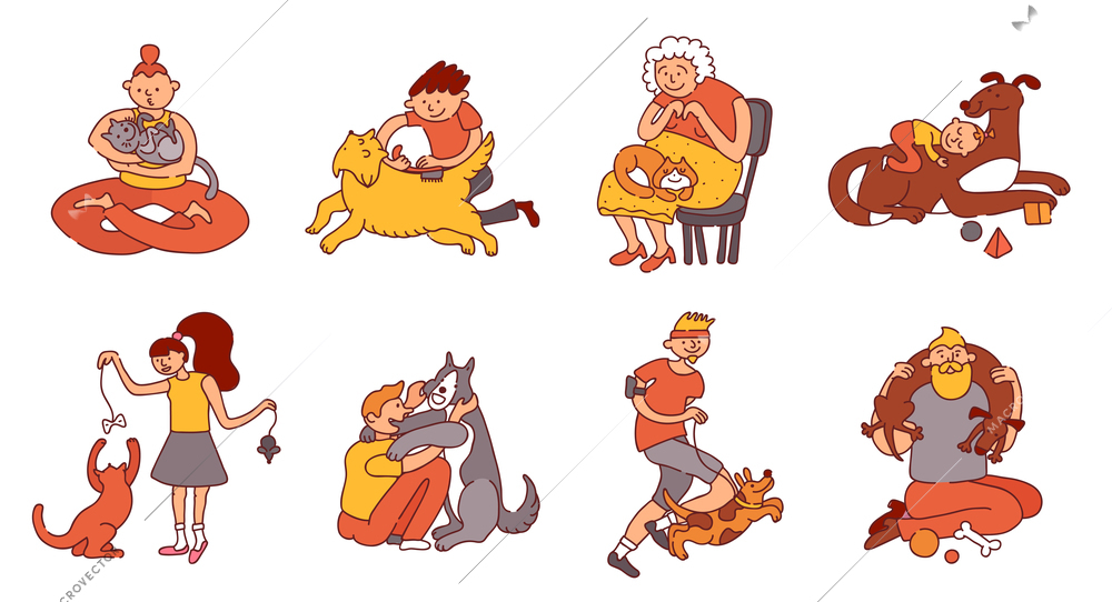 People and pets set with care and playing symbols flat isolated vector illustration