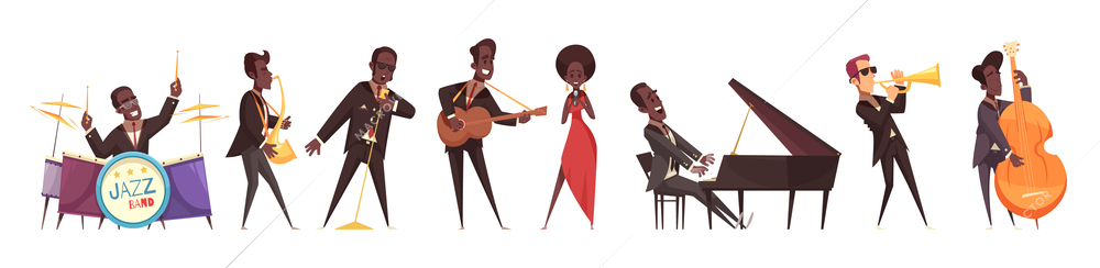 Jazz musicians set of isolated cartoon style human characters of people playing various musical instruments vector illustration