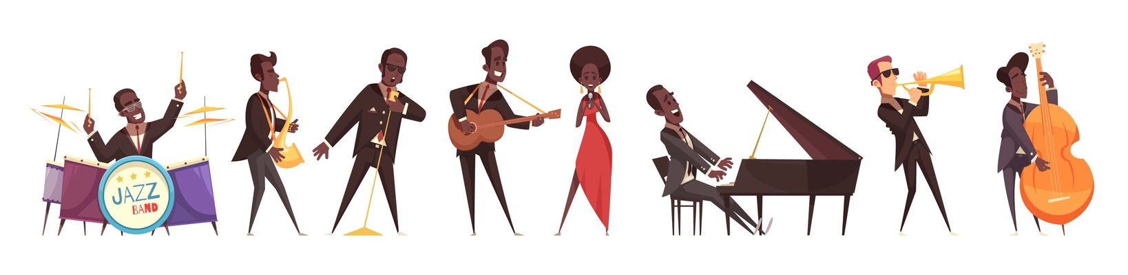 Jazz musicians set of isolated cartoon style human characters of people playing various musical instruments vector illustration