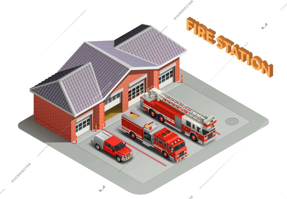 Fire station transport garage engines realistic isometric composition with building and trucks vehicles appliances outdoor vector illustration