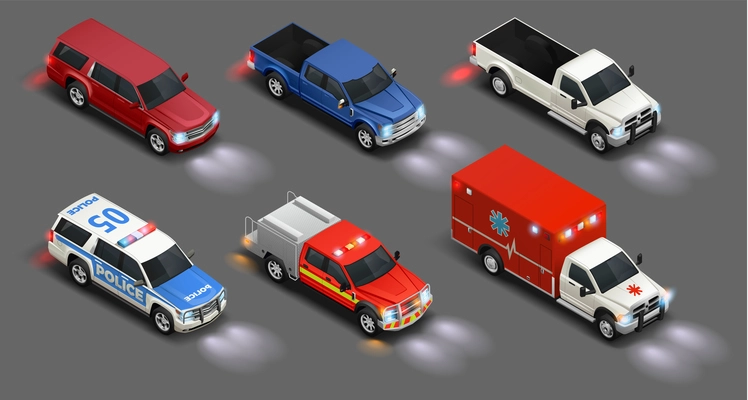 Transport realistic isometric set of police automobile emergency vehicle van car truck with lights on vector illustration