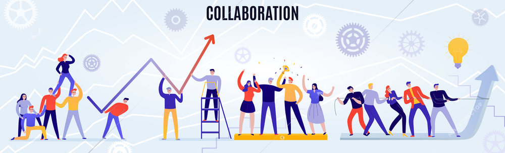 Office teamwork concept with people working together flat horizontal vector illustration