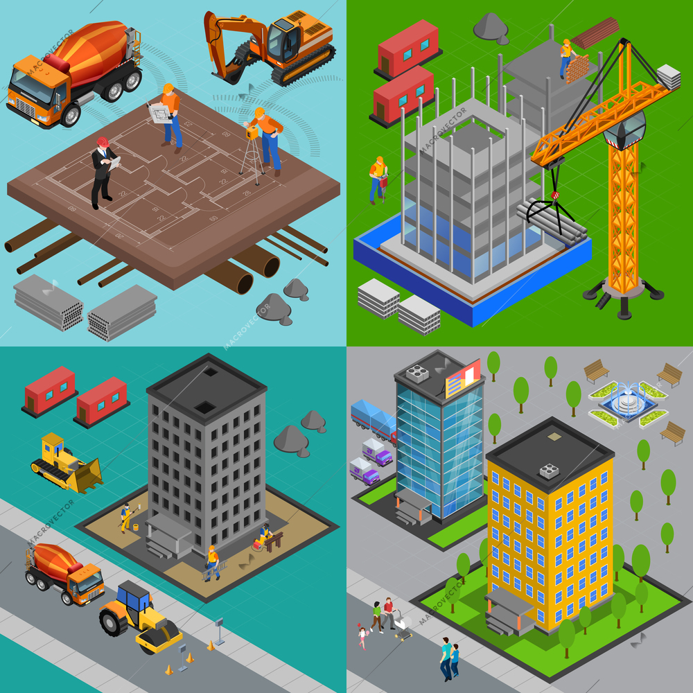 Construction isometric design concept with view of building yards and houses at different points of construction vector illustration