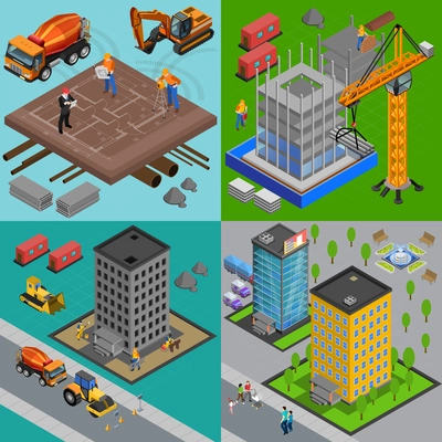 Construction isometric design concept with view of building yards and houses at different points of construction vector illustration