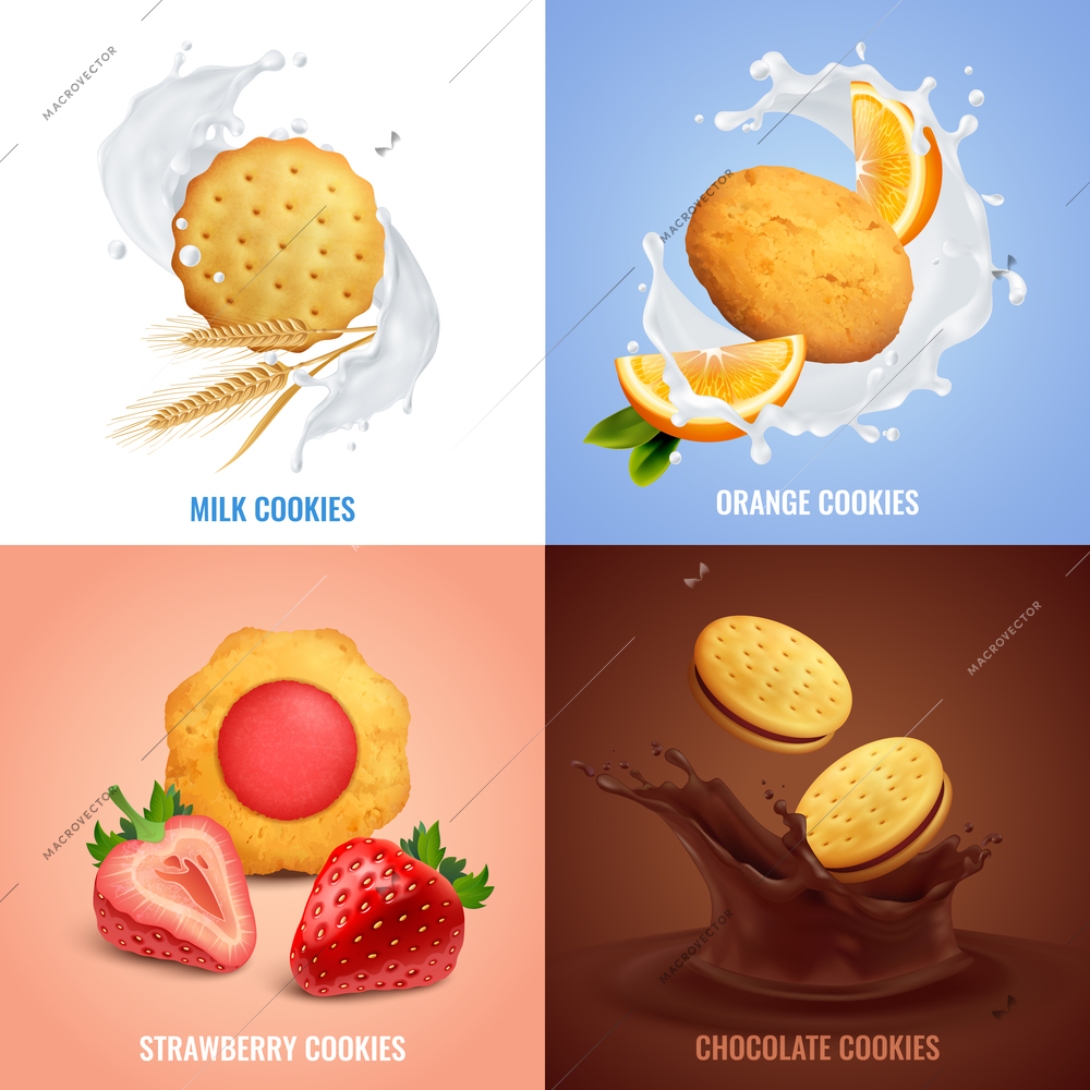 Cookies realistic concept icons set with strawberry and chocolate taste symbols isolated vector illustration