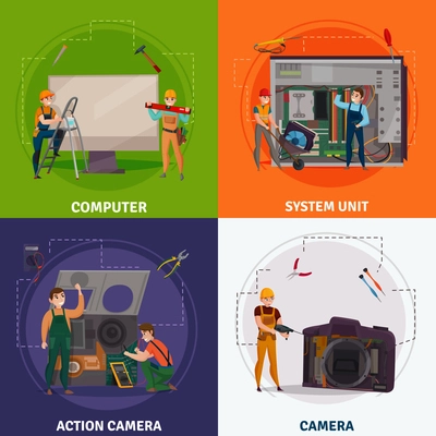 Four squares electronics repair concept set with camera headlines vector illustration