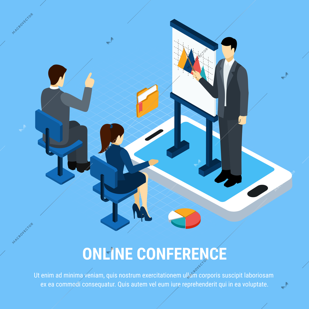 Business people isometric conceptual background with editable text and group of office workers during online presentation vector illustration