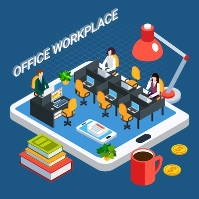 Business people isometric background concept with office room furniture and clerks on top of tablet screen vector illustration