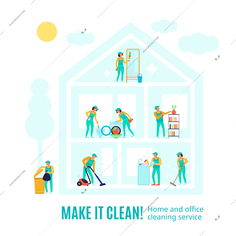 Staff of company in green uniform during professional cleaning in rooms of house advertising vector illustration