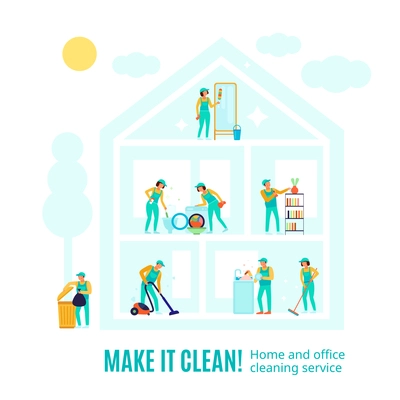 Staff of company in green uniform during professional cleaning in rooms of house advertising vector illustration