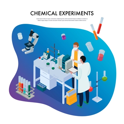 Scientists during chemical experiments and set of research equipment on blue gradient background isometric vector illustration