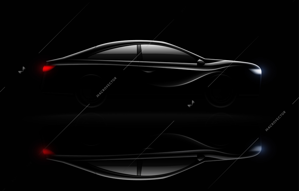 Lightened luxury sedan car in darkness  with headlamps and rear lights lit realistic image reflection vector illustration