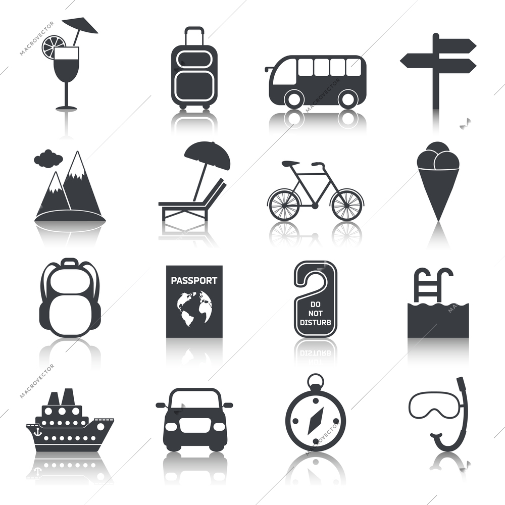 Travel tourism holiday vacation black icons set of cocktail suitcase bus isolated vector illustration