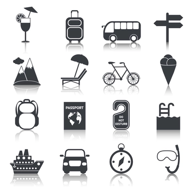 Travel tourism holiday vacation black icons set of cocktail suitcase bus isolated vector illustration