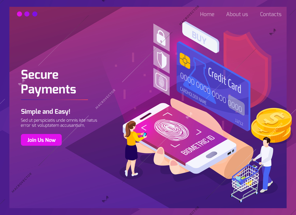 Financial technology secure payments isometric web page with glow and interface elements on purple background vector illustration