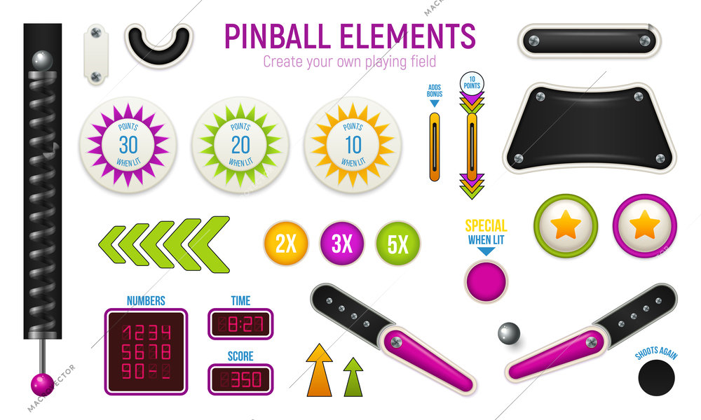 Isolated and colored pinball horizontal icon set with different elements of deck vector illustration