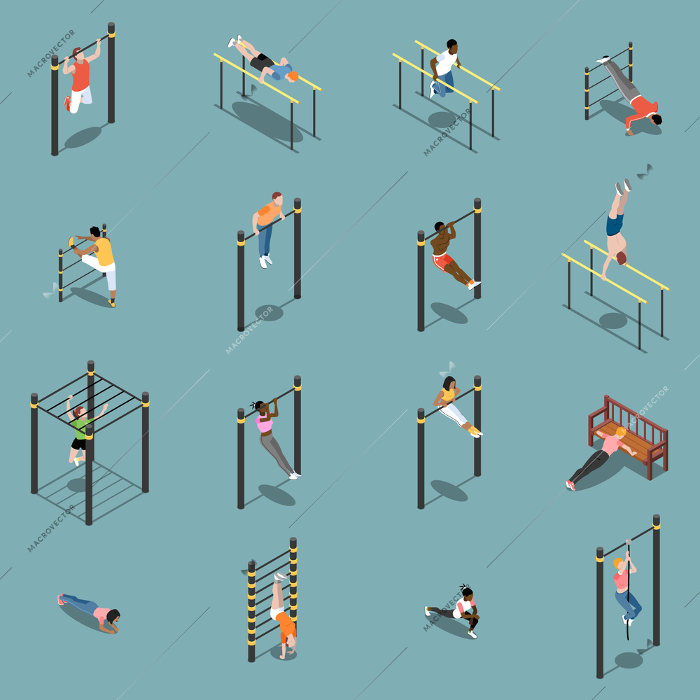 Street workout warm up and exercises on sports equipment isometric icons isolated on turquoise background vector illustration