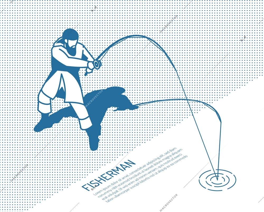 Fisherman in protective clothing with spinning rod during fish catching on textured background monochrome isometric vector illustration