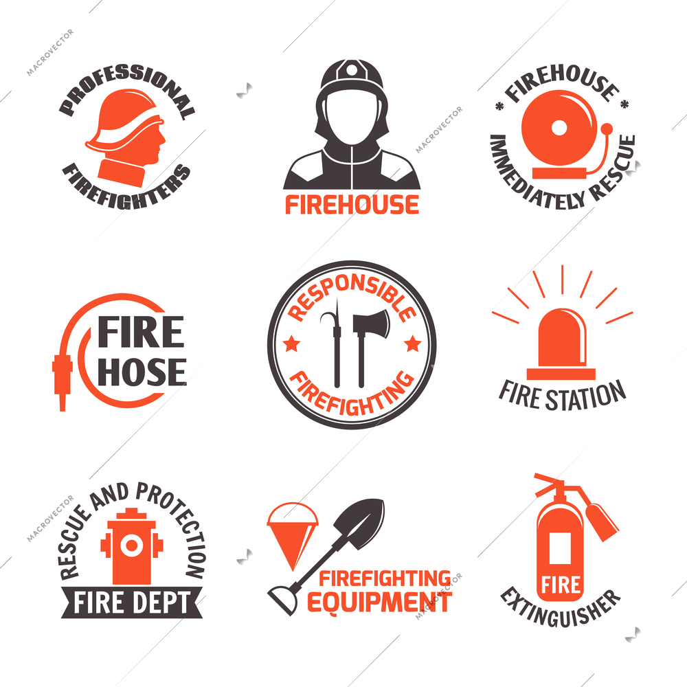 Firefighting professional firehouse immediately rescue label set isolated vector illustration.