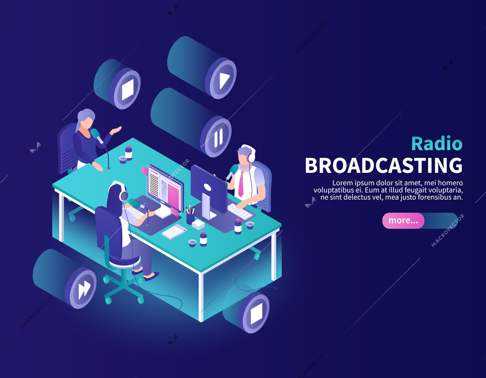 Radio broadcasting color background with announcer and newscasters at working place isometric vector illustration