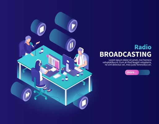 Radio broadcasting color background with announcer and newscasters at working place isometric vector illustration