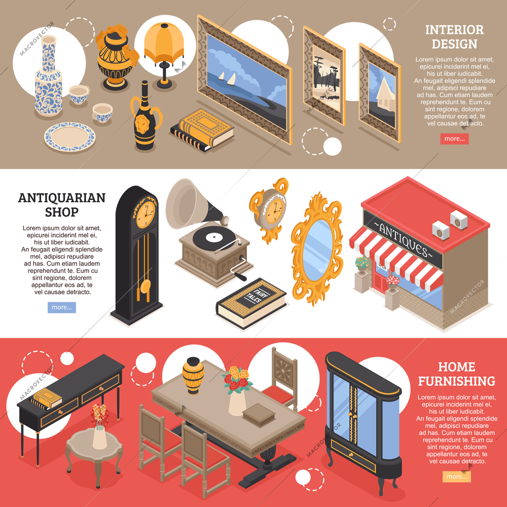 Antiquarian isometric horizontal banners with home furnishings and vintage items for interior design vector illustration