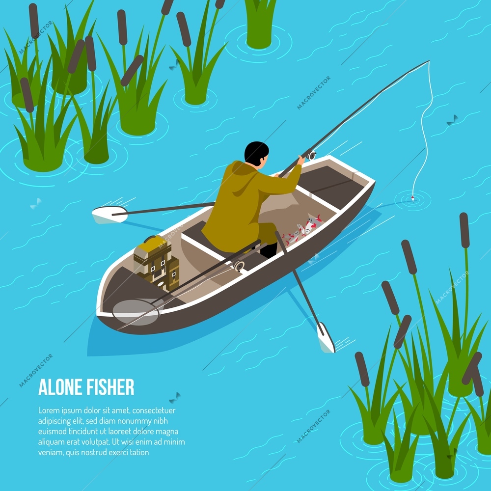 Alone fisher with spinning rod in boat on blue water background with reeds  isometric vector illustration