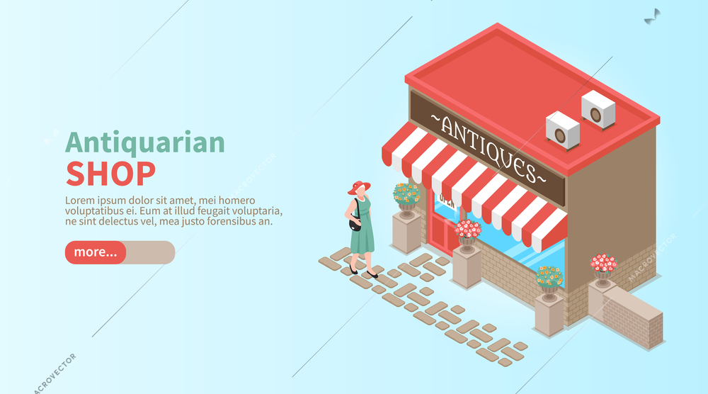 Antiquarian shop horizontal banner with elegant woman coming to shop window to make vintage purchase isometric vector illustration