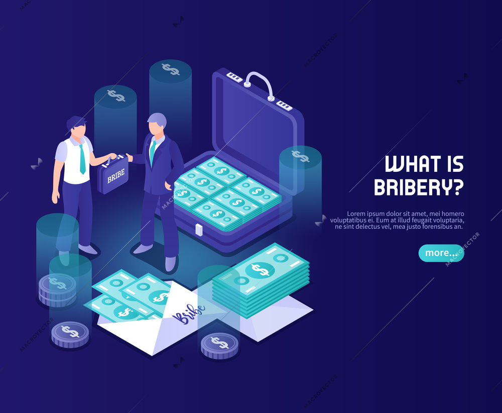 What is bribery abstract color background with businessman official and briefcase with money isometric vector illustration