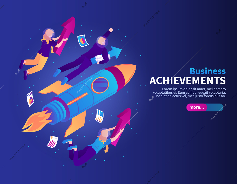 Business achievements color background with rocket and people flying to galaxy stars isometric vector illustration