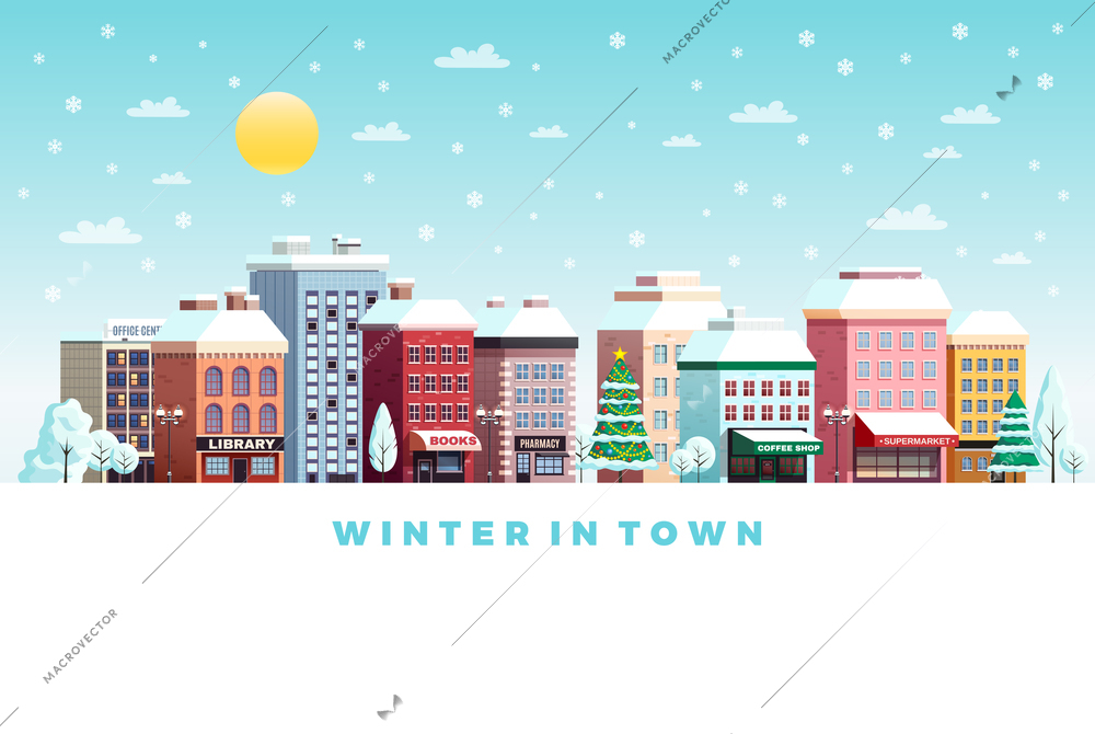 Sunny winter day traditional town street buildings snowy landscape with christmas tree flat poster lettering vector illustration