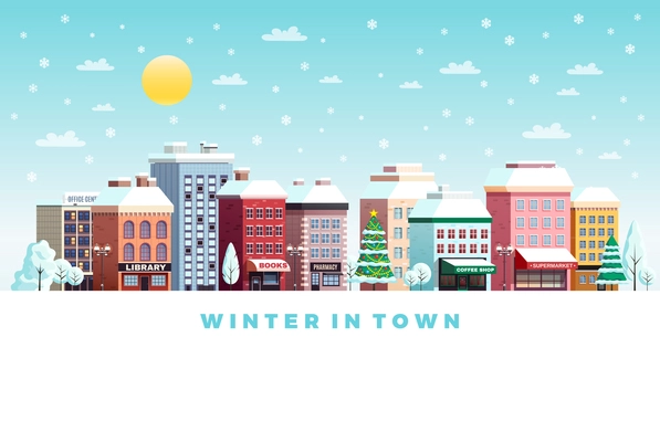 Sunny winter day traditional town street buildings snowy landscape with christmas tree flat poster lettering vector illustration