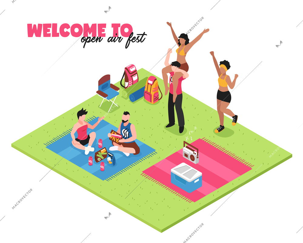 Welcome to open air music fest white background with group of happy young people dancing outdoor isometric vector illustration