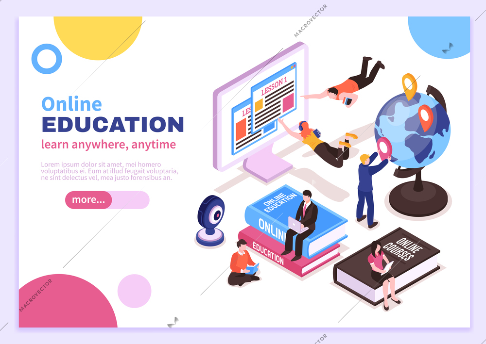 Online education isometric poster with tutorials advertising distance courses and slogan learn anywhere anytime vector illustration