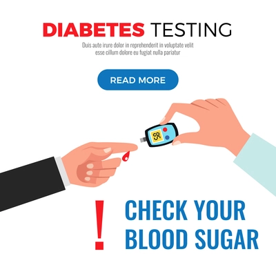 Diabetes testing information on checking blood sugar with glucose meter procedure web page flat design vector illustration