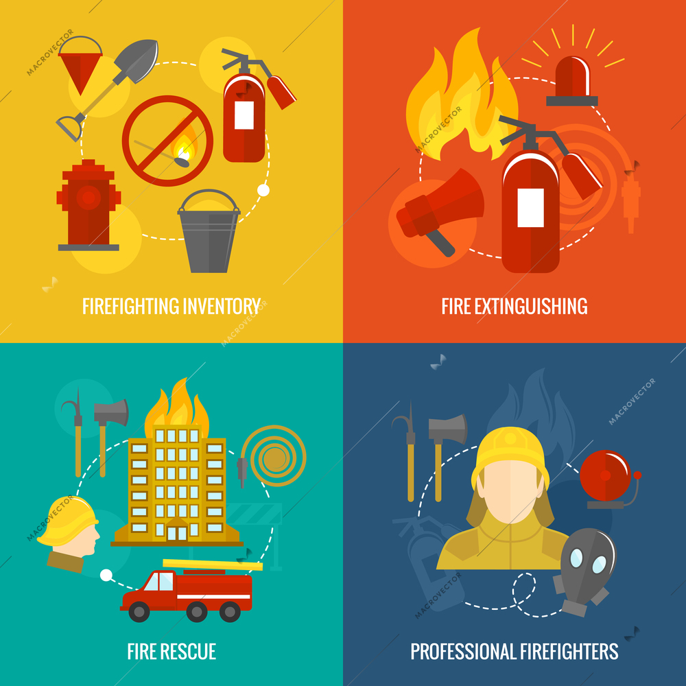 Firefighting icons  inventory extinguishing fire rescue professional composition isolated vector illustration