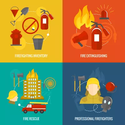 Firefighting icons  inventory extinguishing fire rescue professional composition isolated vector illustration