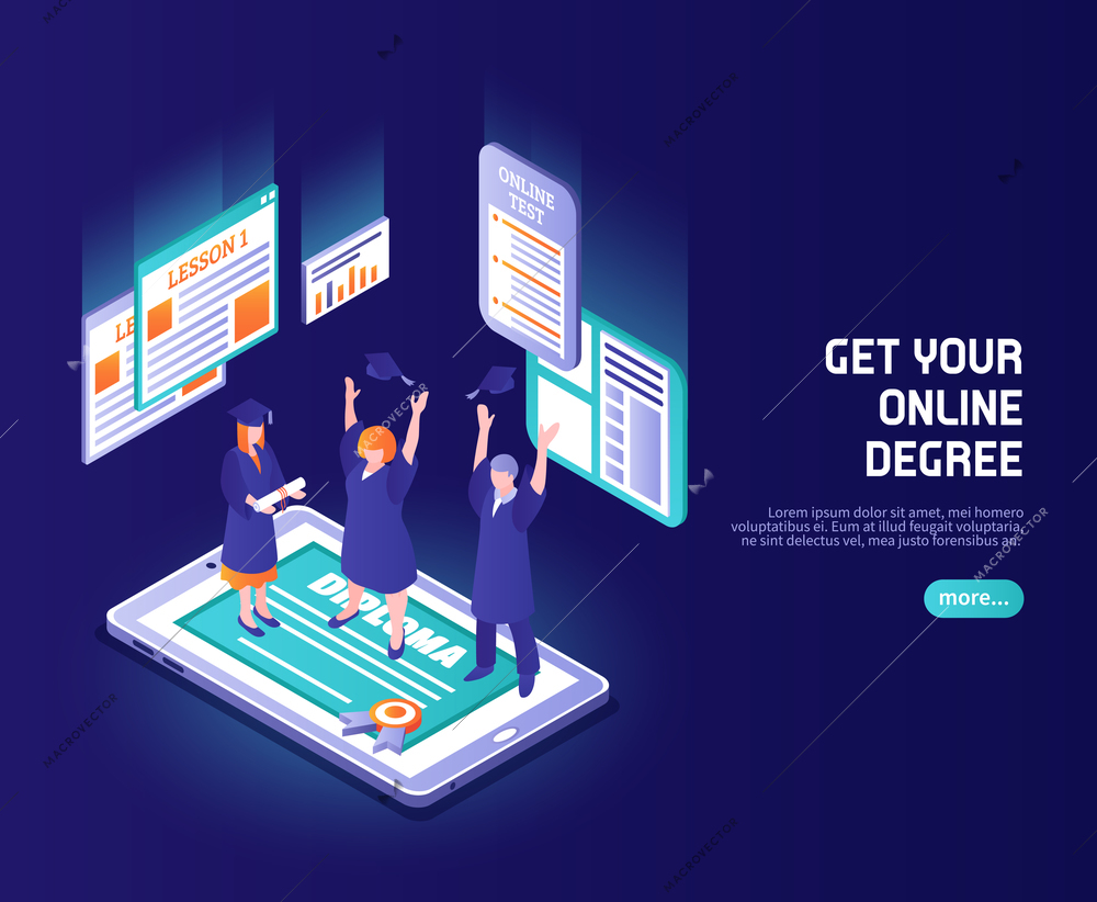 Online lessons color background with funny people in magistracy hats standing on phone screen with diploma caption isometric vector illustration