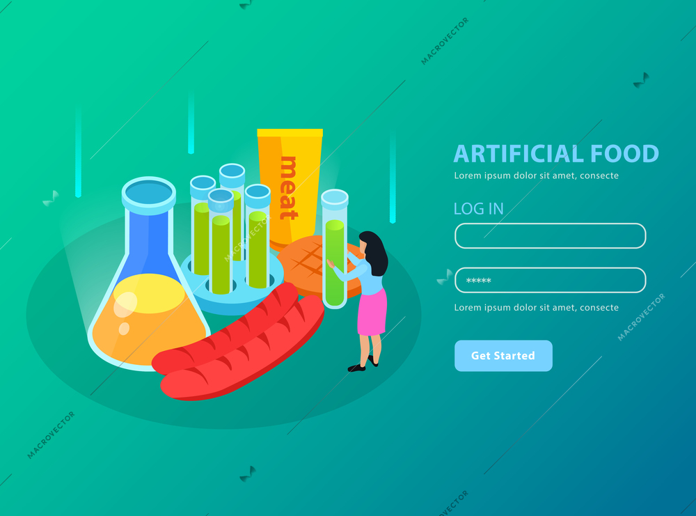 Artificial foods genetically modified meat products and chemical equipment on gradient turquoise background isometric vector illustration