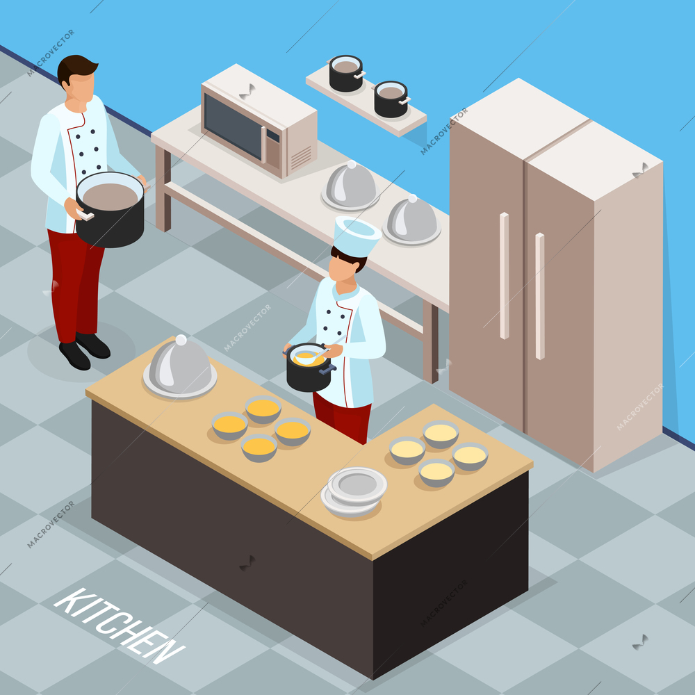 Profession of chef isometric composition with cookery staff during food preparing at kitchen vector illustration