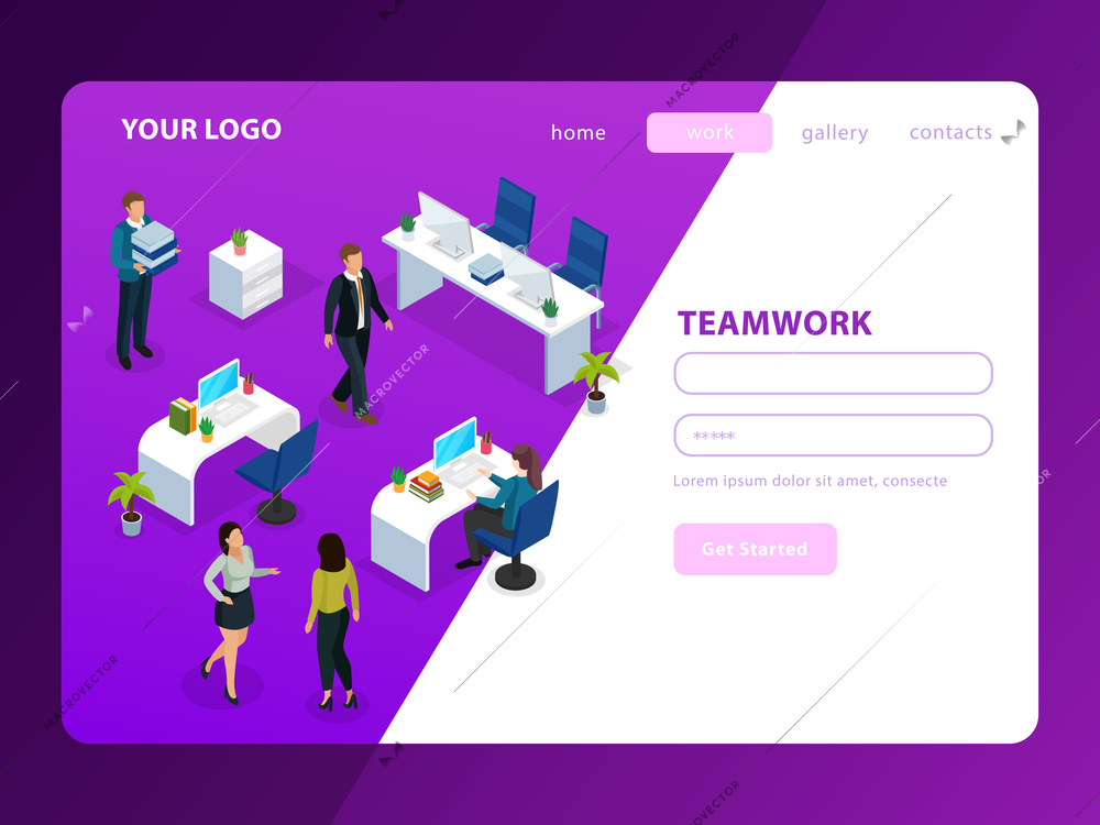 People in office during work isometric web page on purple white background vector illustration