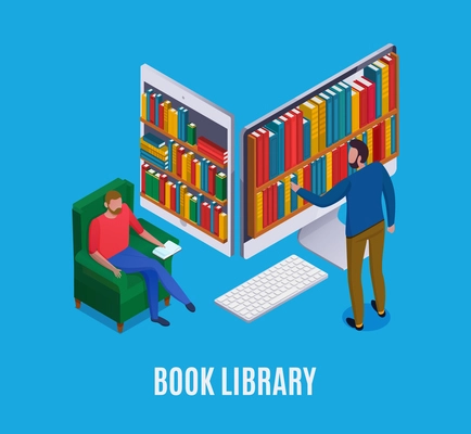 Online library concept with abstract computer and man choosing books on blue background 3d isometric vector illustration